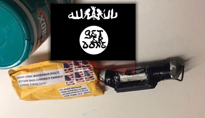 An apparent pipe bomb discovered at CNN's New York offices featured a sticker with the phrase "Get Er Done" over a parody ISIS flag.