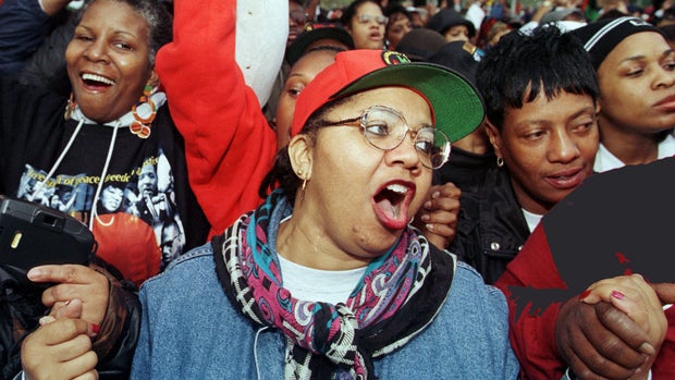 Carolyn Mungin, from Washington, D.C., joins participants of the Million Women March as they sing the Black National Anthem, in Philadelphia October 25. Thousands of black women marched through Philadelphia in a massive show of unity against inadequate health care, poor education, high unemployment and crime. The Million Woman March brought women by the busload from across the United States for a daylong program of prayer, music and inspirational speeches, intended as a catalyst for positive change in black communities.

USA MARCH