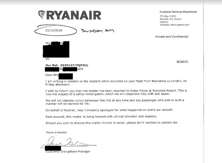 Ryanair has released a copy of its apology to Delsie Gayle 