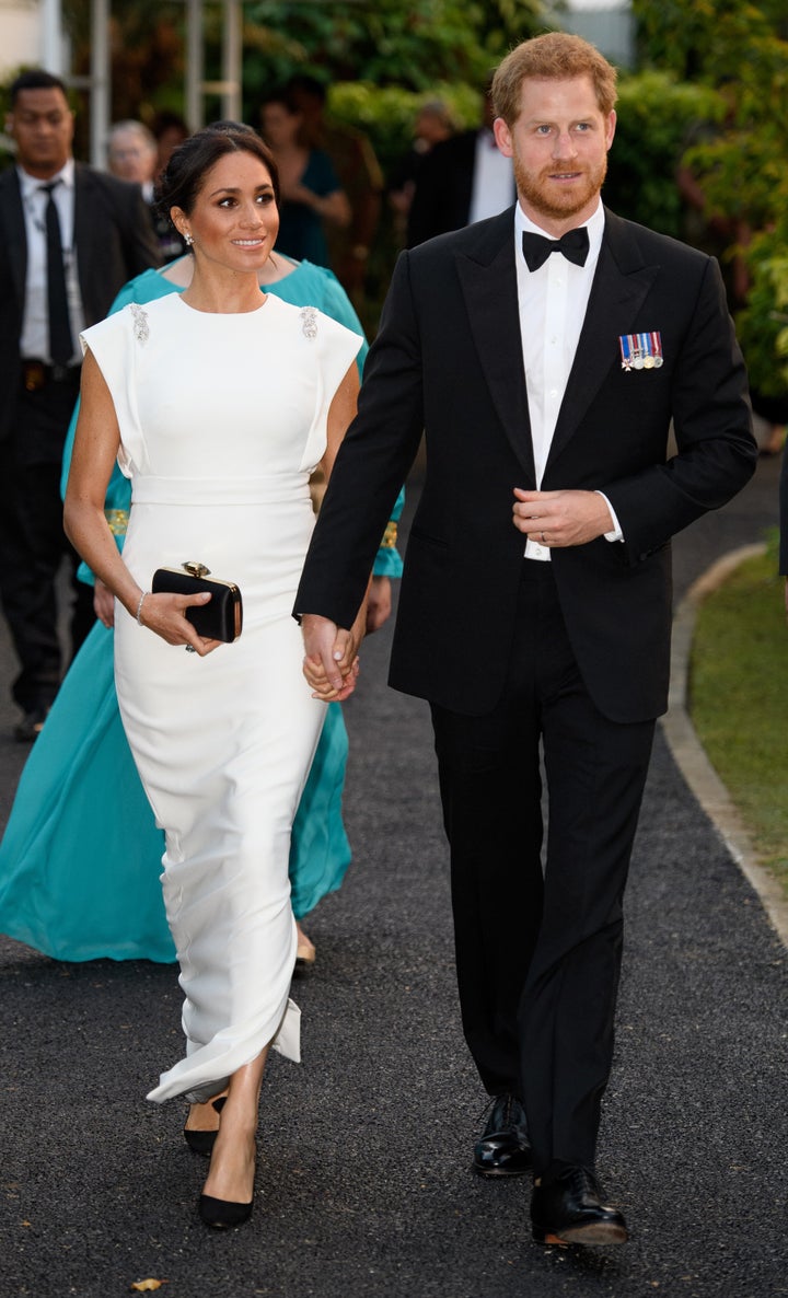 Prince Harry and Meghan, Duchess of Sussex visits the Consular House for a private audience with King Tupou VI and Queen NanasipauÕu on Oct. 25, 2018 in Nuku'alofa, Tonga. 