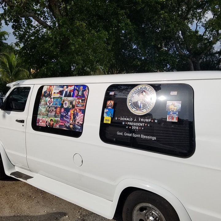 The van used by mail-bomb suspect Cesar Sayoc features photos of President Donald Trump and Vice President Mike Pence, as well as messages like "CNN Sucks" and images of crosshairs over the faces of Hillary Clinton, Van Jones and others.
