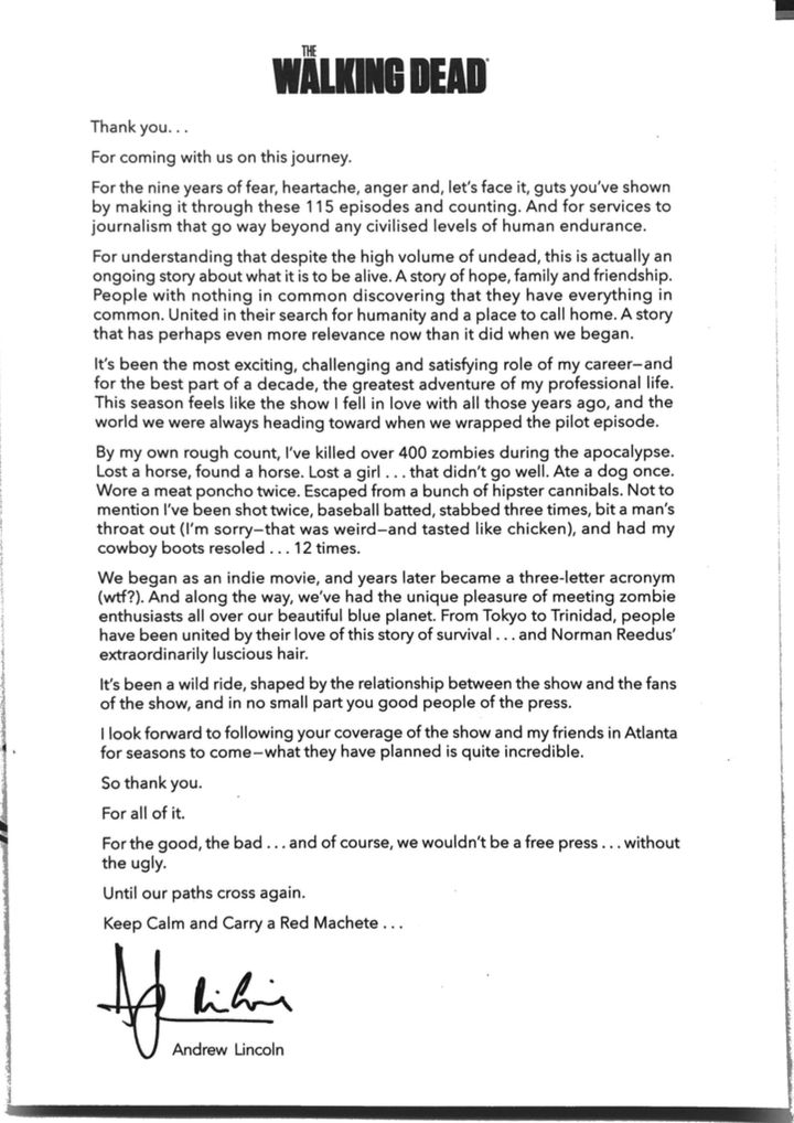 Andrew Lincoln's goodbye letter.