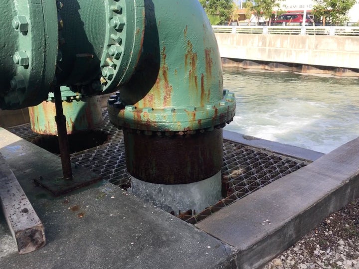 A pump station in South Miami Beach sucks up seawater coming up the storm drains during a recent king tide and sends it back out into Biscayne Bay. At full capacity, the pumping station can move 14,000 gallons per minute.