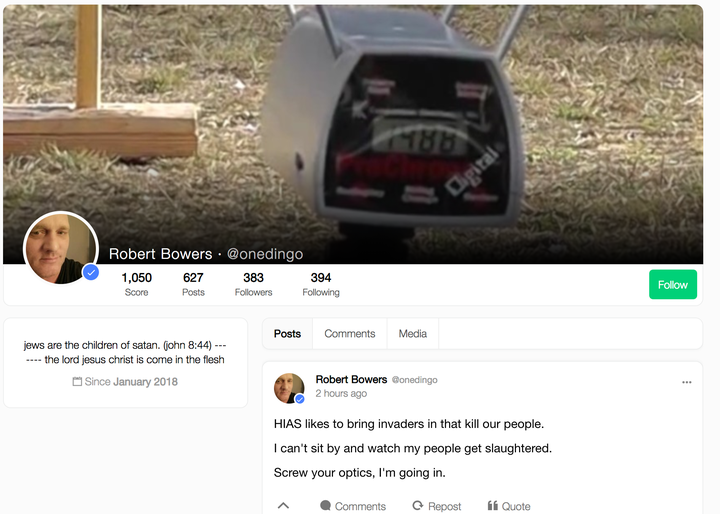 A screenshot shows alleged shooter Robert Bowers' page on Gab, a social media platform popular among neo-Nazis, soon after the shooting Saturday.