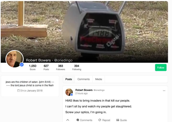 A screenshot shows alleged shooter Robert Bowers' profile on Gab, a social media platform popular among neo-Nazis, soon after