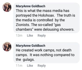 MaryAnne Goldbach made a series of anti-semitic comments on Facebook posts relating to the incident.