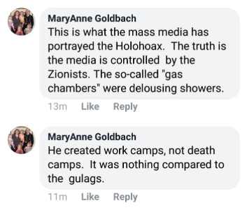 MaryAnne Goldbach made a series of anti-semitic comments on Facebook posts relating to the incident. 