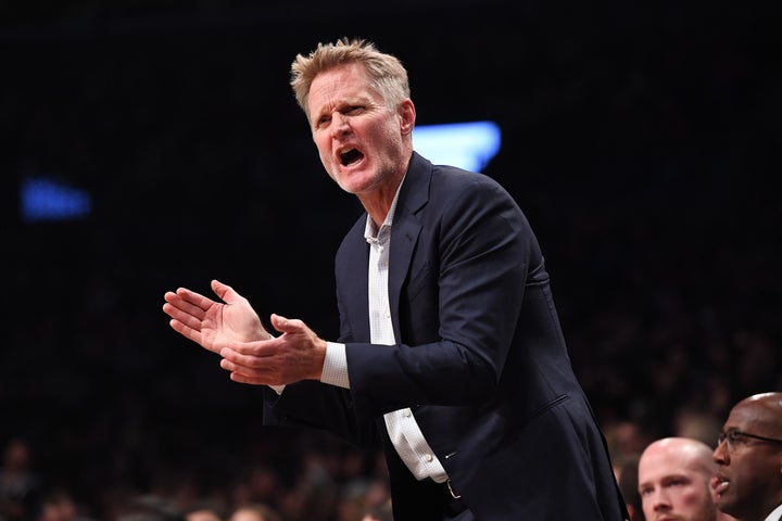 Golden State Warriors coach Steve Kerr, pictured during the Warriors-Nets game, did some of his best talking away from the si