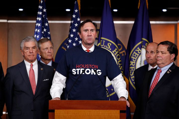 Rep. Pete Olson (R-Texas) speaks about an emergency funding bill at a Capitol Hill press conference with other members of the Texas congressional delegation in September 2017, after Hurricane Harvey devastated the Houston area.