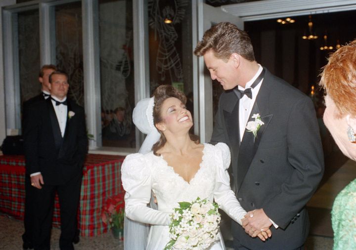 Mary Lou Retton and Shannon Kelley after their wedding in 1990.