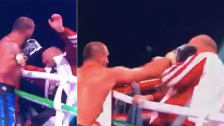 Levan Shonia threw a few power punches at his trainer after losing the match.