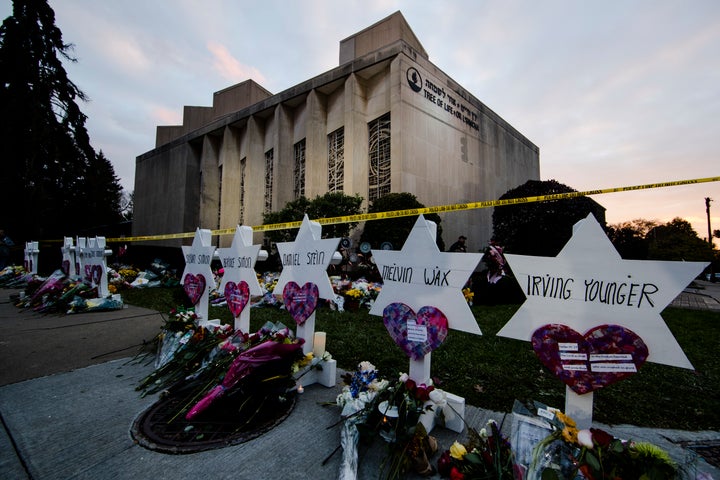 A makeshift memorial stands outside the Tree of Life Synagogue in the aftermath of a deadly shooting at the in Pittsburgh, Mo