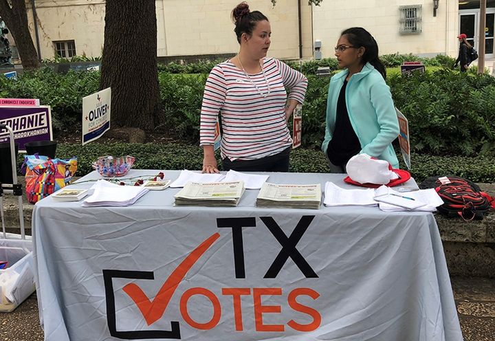 Kassie Phebillo, left, and Maya Patel, of TX Votes, on the first day of early voting at the University of Texas at Austin. 
