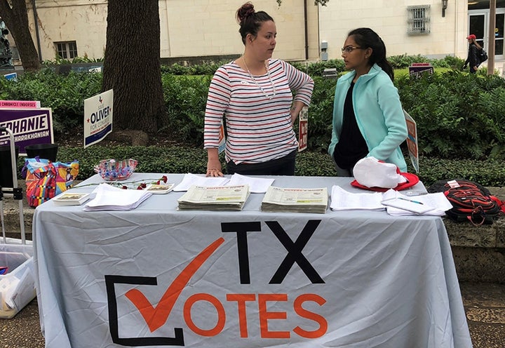 Kassie Phebillo, left, and Maya Patel, of TX Votes, on the first day of early voting at the University of Texas at Austin.