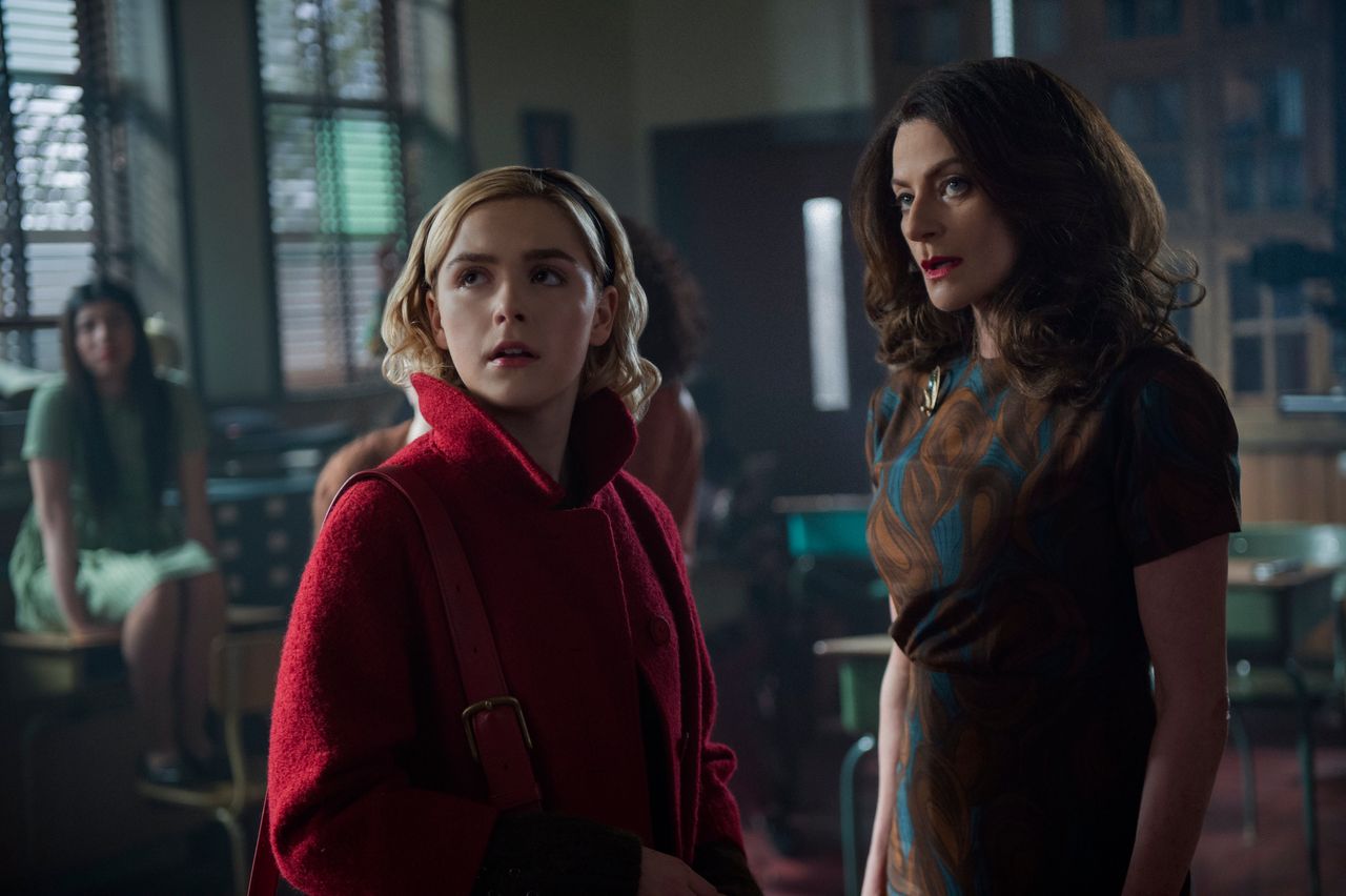 Kiernan Shipka and Michelle Gomez in the Netflix series, "The Chilling Adventures of Sabrina."