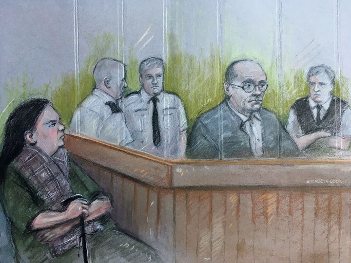 A sketch by court artist Elizabeth Cook of Michelle Hadaway, the mother of Karen Hadaway, looking on as Russell Bishop sits in the dock at the Old Bailey