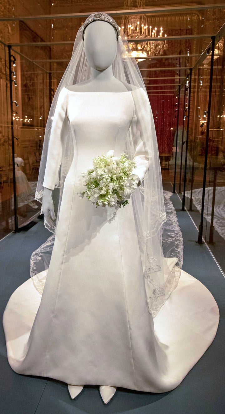 The gorgeous Givenchy dress of the Duchess of Sussex and her bridal bouquet on display. 