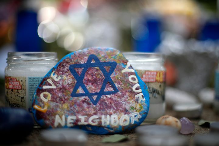 A painted rock found Wednesday, Oct. 31, 2018, was part of a makeshift memorial outside the Tree of Life Synagogue in the Squirrel Hill neighborhood of Pittsburgh.