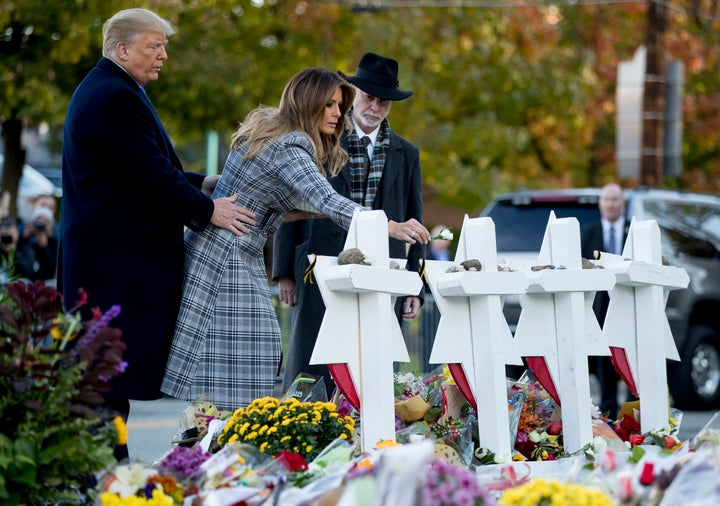 First lady Melania Trump, accompanied by President Donald Trump and Tree of Life Rabbi Jeffrey Myers, visited a makeshift memorial at the Pittsburgh synagogue on Tuesday.