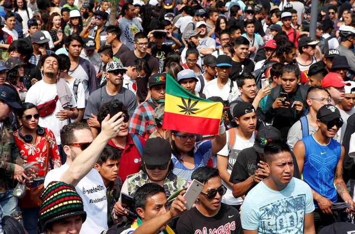 People take part in a march through the streets in support of the legalization of marijuana in Mexico City, Mexico on May 5, 2018.