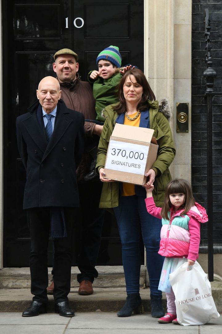 Alfie Dingley, his sister Annie, parents Drew Dingley and Hannah Deacon, and actor Sir Patrick Stewart. They took their campaign to Downing Street earlier this year