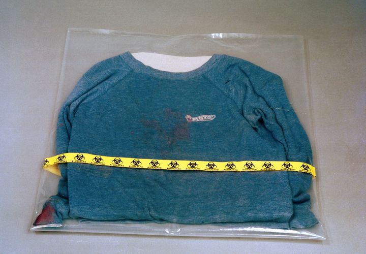 A blue Pinto sweatshirt, allegedly worn by Russell Bishop and said to contain vital DNA evidence, which was found beside a path behind Moulsecoomb railway station