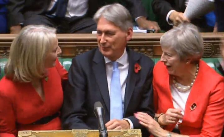 Chief Secretary to the Treasury Liz Truss, Chancellor Philip Hammond and Prime Minister Theresa May after the Budget was announced in the House of Commons
