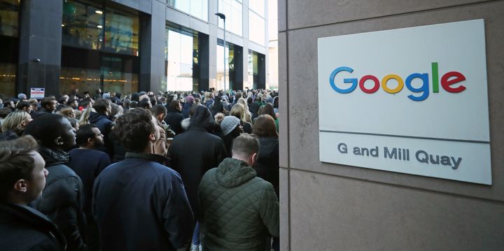 Google employees at its European headquarters in Dublin join others around the world in walking out of their offices on Nov. 1 in protest over claims of sexual harassment, gender inequality and systemic racism at the tech giant.