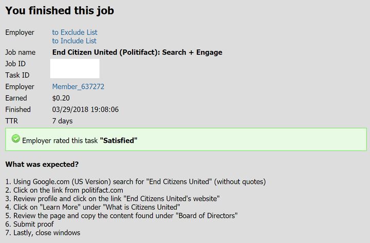 An example of the job listings on Microworkers (with personally identifiable information redacted).