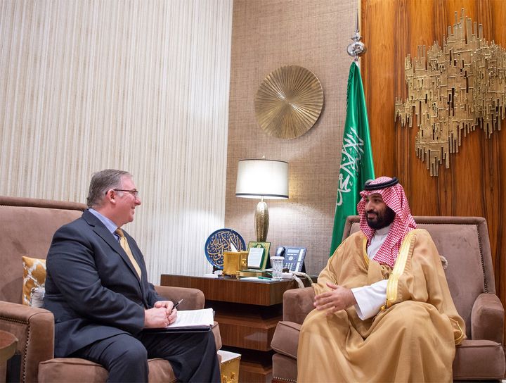 Saudi Crown Prince Mohammed bin Salman meets with Christian author Joel Rosenberg, who is part of a delegation of American evangelical leaders, in Riyadh, Saudi Arabia November 1, 2018.