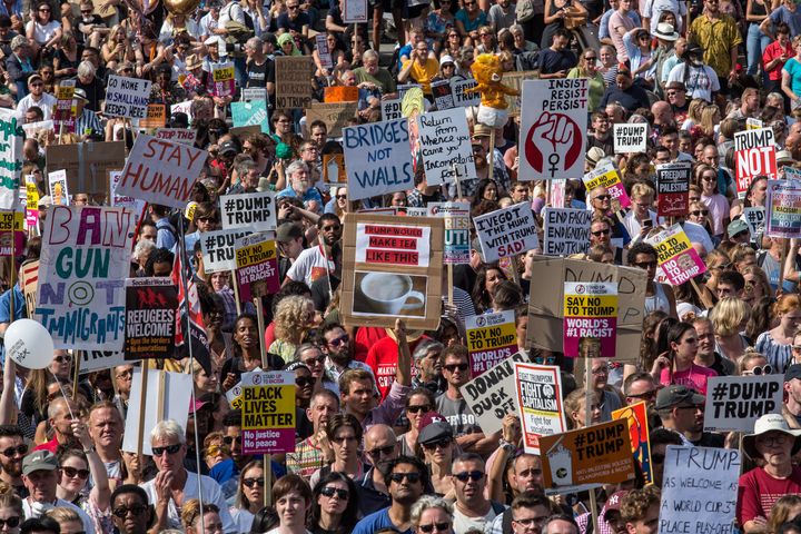 Activists including anti-racism campaigners protest Donald Trump's UK visit