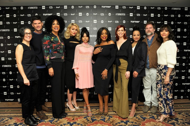 Nicole Kassell, Will McCormack, Janine Sherman Barrois, Jenn Lyon, Karrueche Tran, Niecy Nash, Carrie Preston, Judy Reyes, Eliot Laurence and Rashida Jones of "Claws" pose in the green room during the TCA Turner Winter Press Tour 2017.