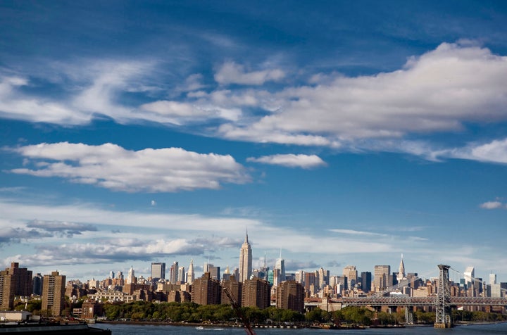 The New York skyline as seen from the Brooklyn Navy Yard. An early draft of the city's emissions-cutting bill would likely trigger rent increases on rent-stabilized apartments.