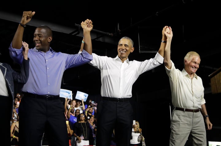 Former President Barack Obama rallies with Democratic gubernatorial candidate Andrew Gillum (left) and Democratic Senate cand