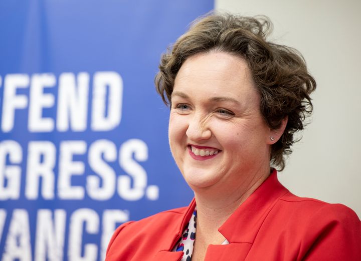 Katie Porter speaks at a Human Rights Campaign volunteer kickoff in Tustin, California, on Oct. 15, 2018.