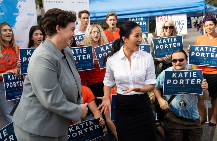 Katie Porter campaigns alongside former Olympic figure skater Michelle Kwan at the University of California, Irvine campus.