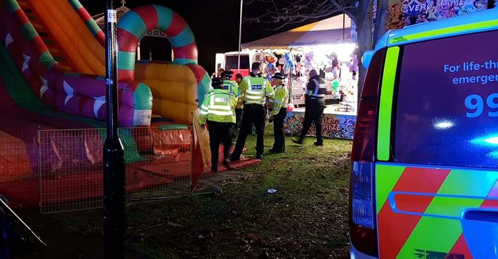 Police were seen inspecting the inflatable slide after the casualties had been transported to hospitals.