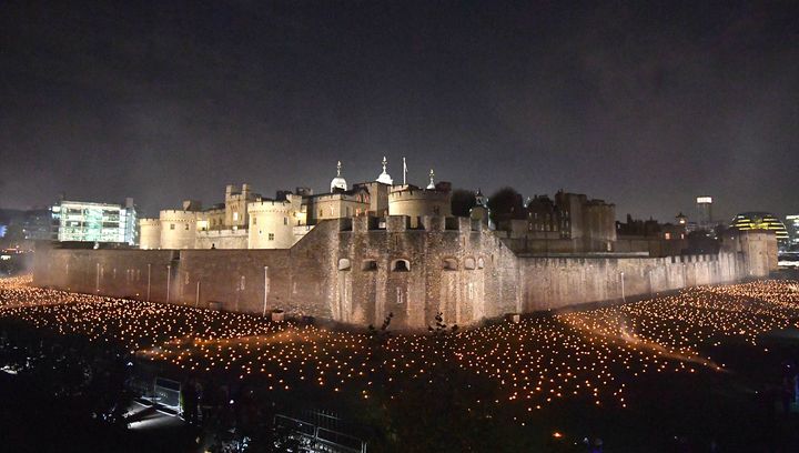 Thousands of flames in the dry moat of the Tower of London as part of an installation called Beyond the Deepening Shadow: The Tower Remembers, to mark the centenary of the end of First World War.
