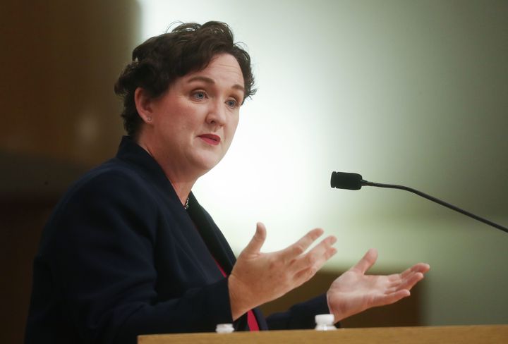 Katie Porter speaks at a town hall in Tustin, California, on Oct. 22.
