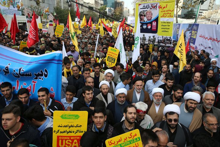As the Trump administration restored all sanctions lifted under the nuclear deal, demonstrators attended a rally in front of the former U.S. Embassy in Tehran, Iran on Sunday to mark the 39th anniversary of the seizure of the embassy by militant students.