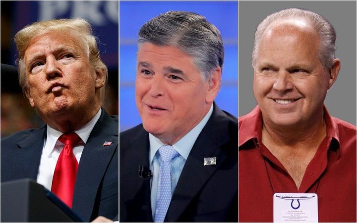 (L to R) President Trump, Fox News host Sean Hannity and conservative radio host Rush Limbaugh will all be present at a rally Monday night.