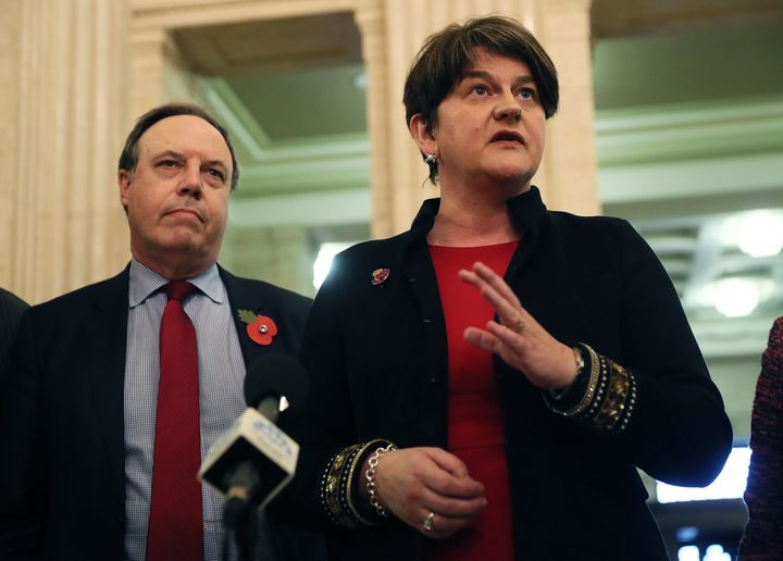 DUP leader Arlene Foster (right) and deputy leader Nigel Dodds speaking to the media in the Great Hall at Stormont, Belfast