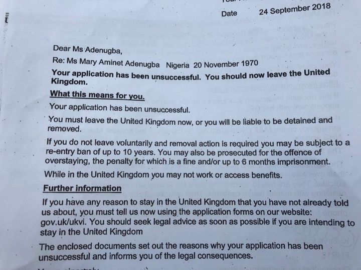 The letter from the Home Office refusing Mary's application for leave to remain in the UK, where she has lived for 14 year since being trafficked from Nigeria 