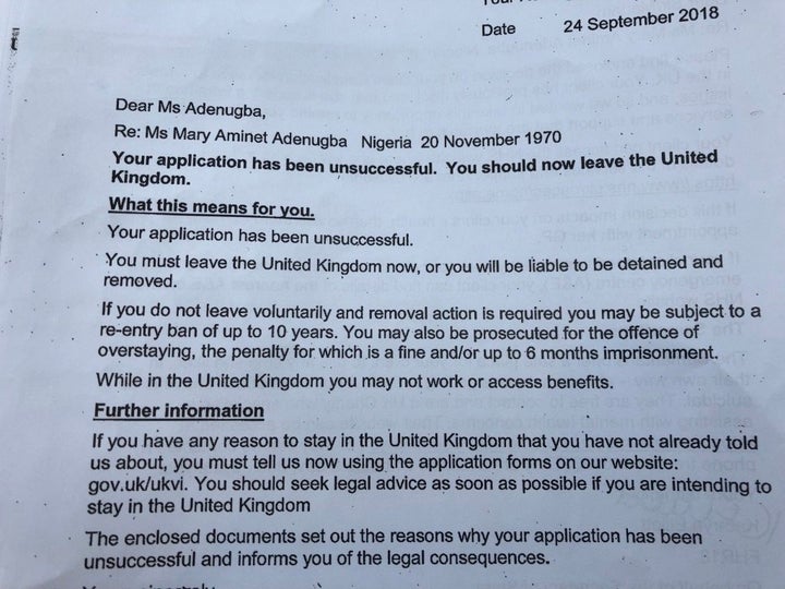 The letter from the Home Office refusing Mary's application for leave to remain in the UK, where she has lived for 14 year since being trafficked from Nigeria