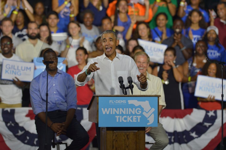 Former President Barack Obama speaks during a rally to support Florida Democratic gubernatorial candidate Andrew Gillum and U.S. Senator Bill Nelson (D-FL) at the Ice Palace film studios on November 02, 2018 in Miami, Florida. (Credit: MPI10 / MediaPunch /IPX)