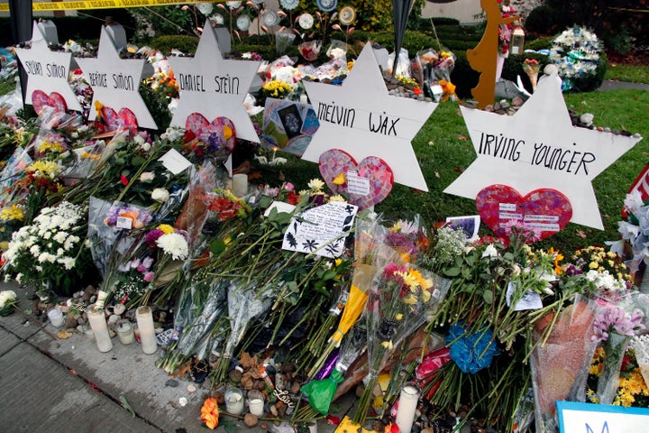 Outside the Tree of Life synagogue in Pittsburgh on Nov. 3, a memorial to victims of the Oct. 27 mass shooting.&nbs