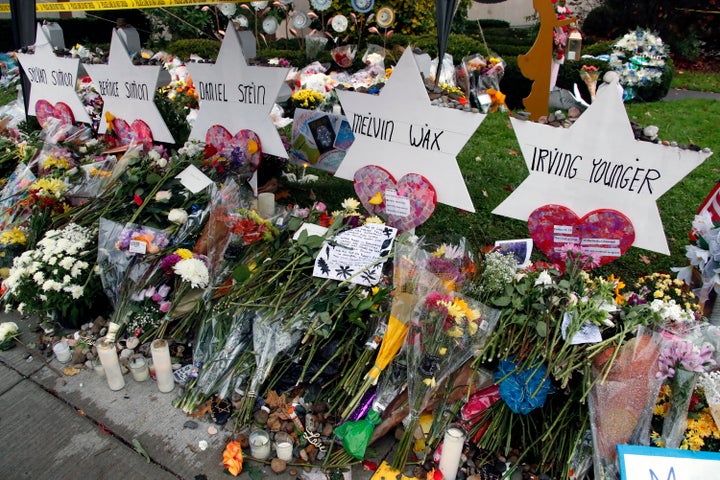 Outside the Tree of Life synagogue in Pittsburgh on Nov. 3, a memorial to victims of the Oct. 27 mass shooting. Some of the first medical staffers to care for the suspected shooter were Jewish, including his emergency room doctor and nurse.