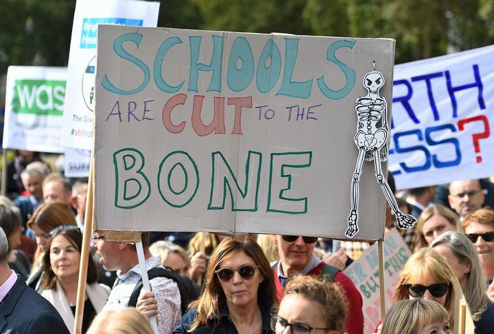 Headteachers marching in Parliament Square against budget cuts