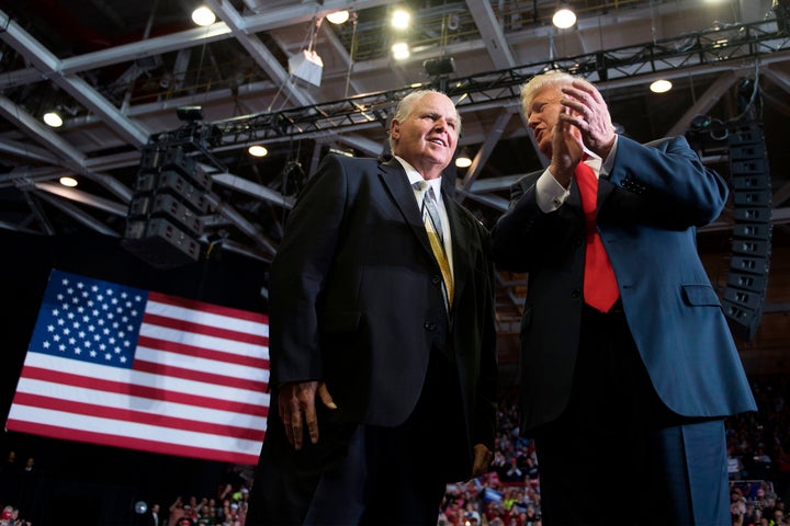 President Donald Trump alongside conservative radio talk show host Rush Limbaugh at a Make America Great Again rally in Cape Girardeau, Missouri on Monday.