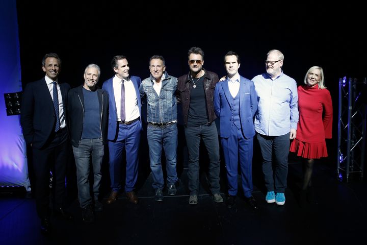 (From left) Seth Meyers, Stewart, Bob Woodruff, Bruce Springsteen, Eric Church, Jimmy Carr, Jim Gaffigan and Lee Woodruff at Stand Up for Heroes, which raised funds for injured veterans and their families. It marked the start of the New York Comedy Festival.